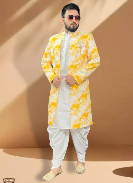 Yellow And White Colour Mens Wedding Wear Indo Western Catalog 1899