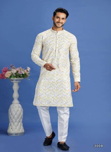 Yellow And White Colour Party Mens Wear Pintux Stright Kurta Pajama Wholesale Online 3008