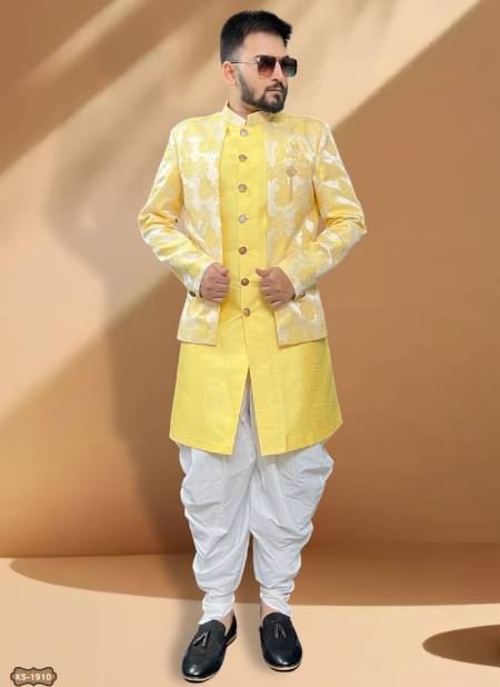 Yellow And White Mens Wedding Wear Indo Western Catalog 1910