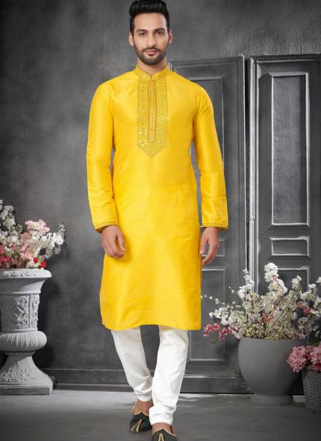 Yellow Colour 102 Silk Mens Kurta Pajama Catalog 102-1