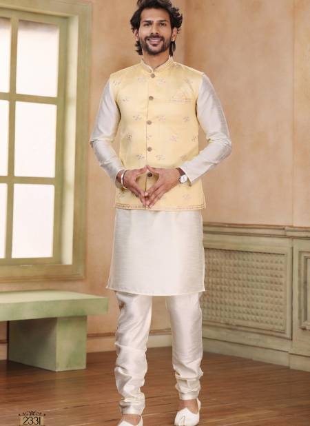 Yellow Colour 1576 Occasion Wear Mens Modi Jacket Kurta Pajama Catalog 2331