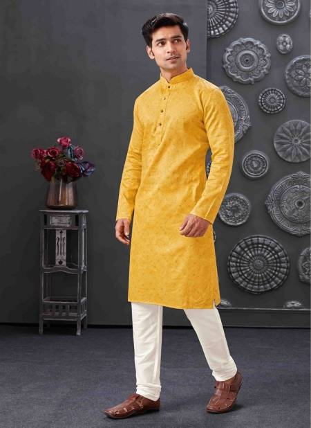 Yellow Colour 1630 Occasion Mens Wear Poly Blend Kurta Pajama Surat Wholesale Market 1630-1