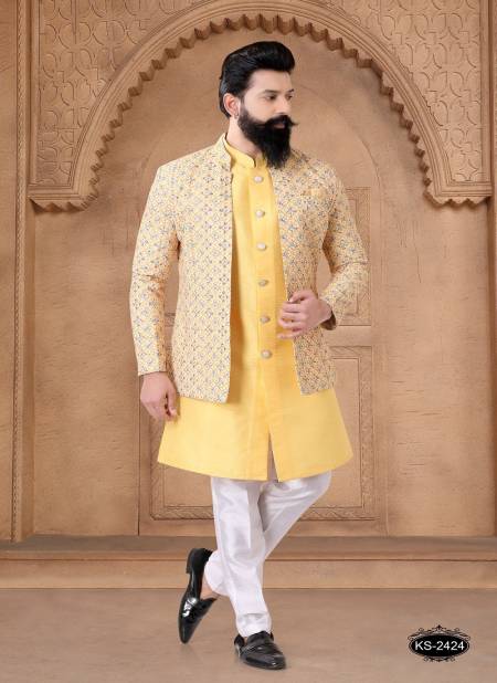 Yellow Colour 1632 Occasion Wear Mens Silk Designer Modi Jacket Kurta Pajama Orders In India 1632-KS 2424
