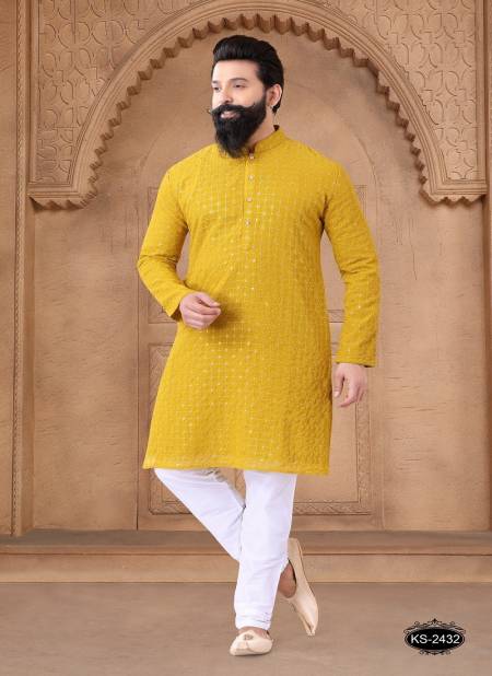 Yellow Colour 1632 Wedding Mens Wear Stright Kurta Pajama Wholesale Shop In Surat 1632-KS 2432