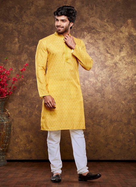 Yellow Colour 1633 Occasion Mens Wear Poly Cotton Printed Kurta Pajama Surat Wholesale Market 1633-2