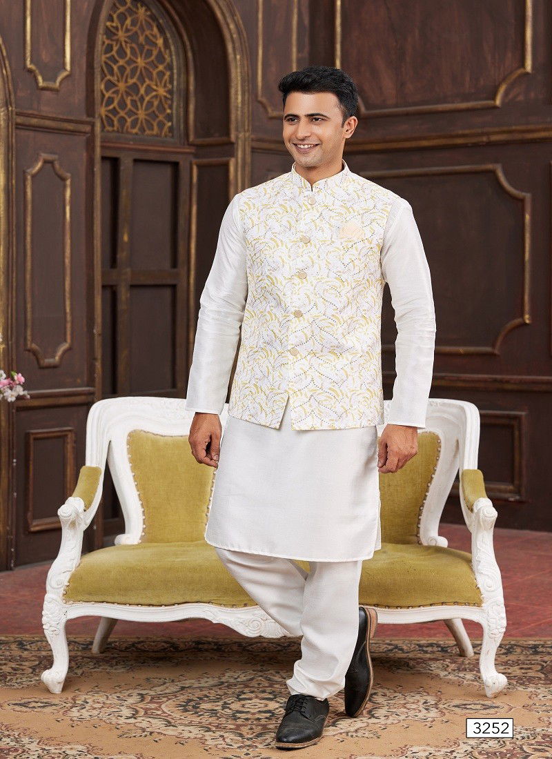 Yellow Colour 1643 Party Wear Art Banarasi Silk Mens Modi Jacket Kurta Pajama Wholesale Online 3252