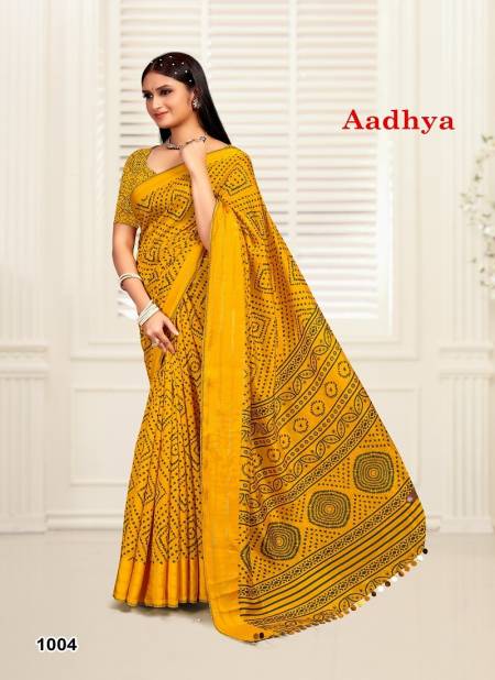 Yellow Colour Aadhya By Mahamani 1001 TO 1006 Series Dola Silk Sarees Wholesale Clothing Distributors In India 1004