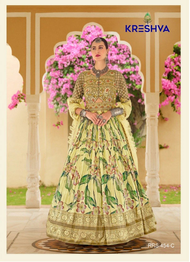 Yellow Colour Aadyasha By Kreshva Smooth Silk Reception wear Gown Wholesale Online RRS 454 C