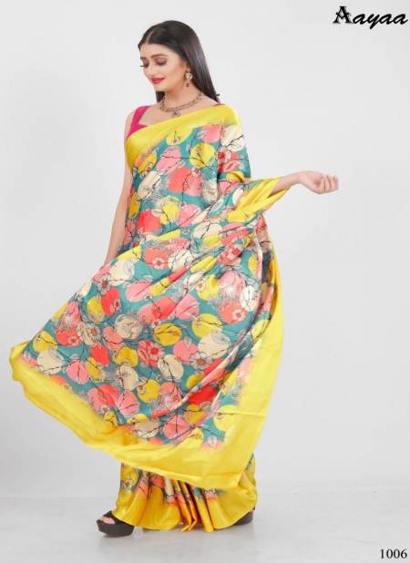 Yellow Colour Aaradhna Vol 1 By Aayaa Satin Digital Printed Designer Saree Catalog 1006