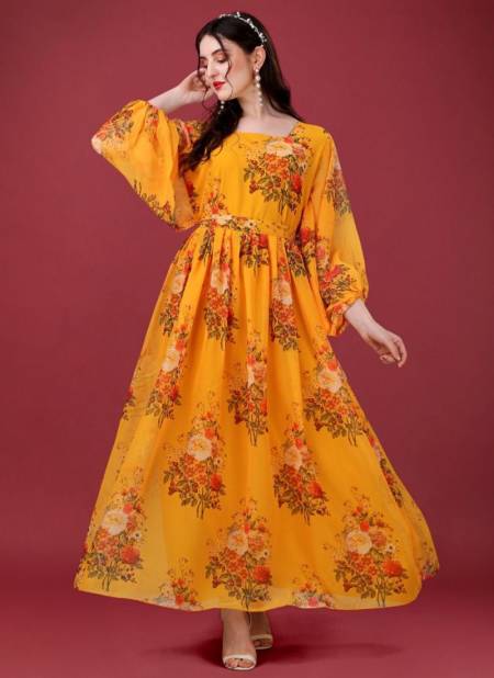 Yellow Colour Alison Biva Fancy Wear Wholesale Designer Gown Catalog 5004