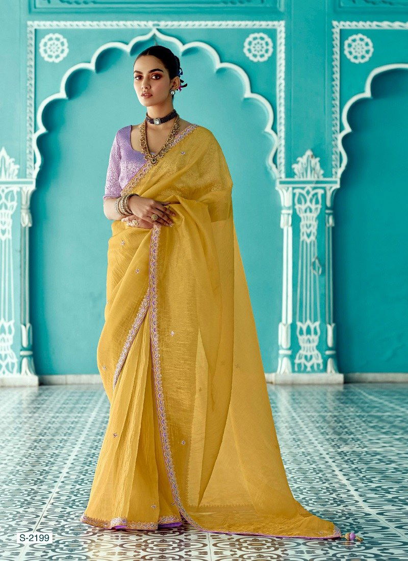 Yellow Colour Amber By Kimora Fancy Fabric Party Wear Saree Suppliers In India S 2199