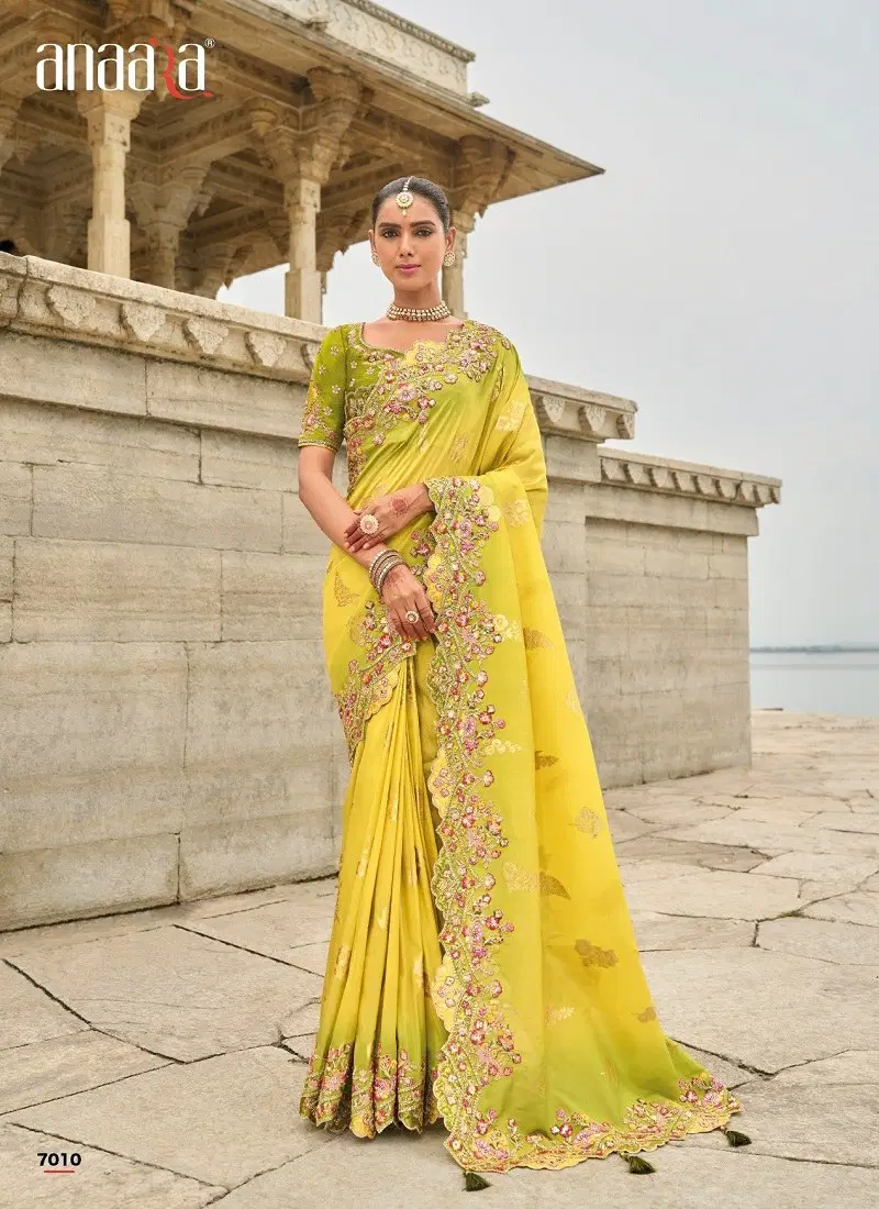 Yellow Colour Anaara By Tathastu 7001 To 7011 Series Viscose Tissue Silk Wedding Wear Saree Suppliers in Mumbai TE 7010