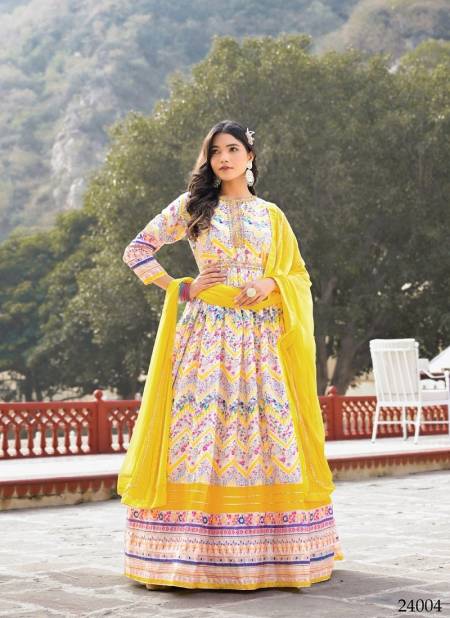 Yellow Colour Ananta By Tejasvee Soft Dola Silk Designer Printed Gown With Dupatta Catalog 24004