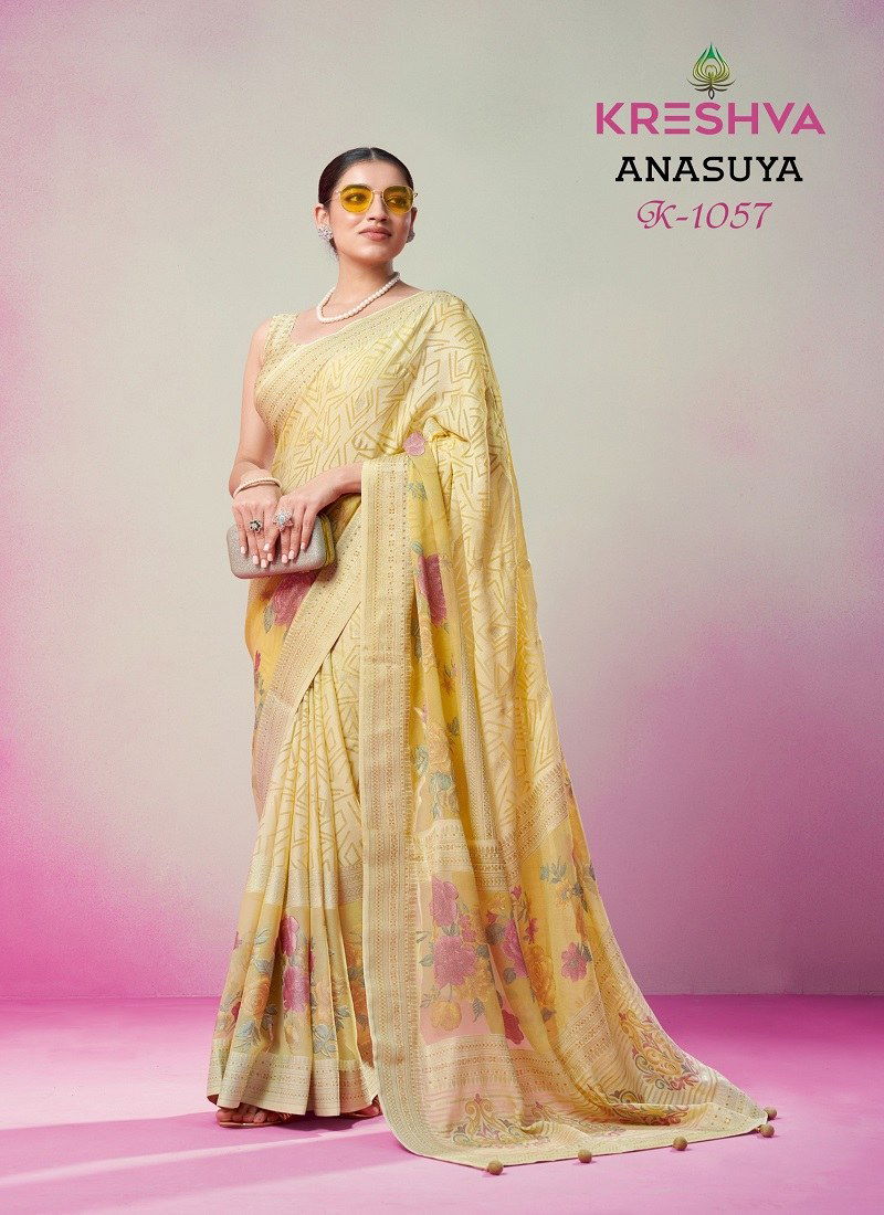 Yellow Colour Anasuya By Kreshva Lux PV Georgette Printed Saree Orders In India K-1057