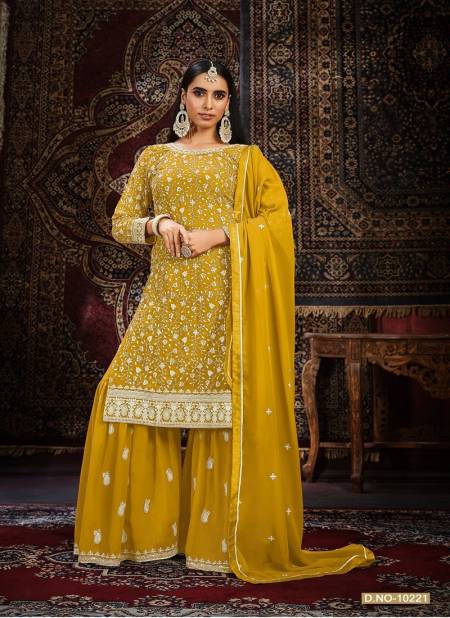 Yellow Colour Anjubaa Vol 22 By Anjubaa Faux Georgette Wedding Wear Sharara Suit Dress Material Catalog 10221