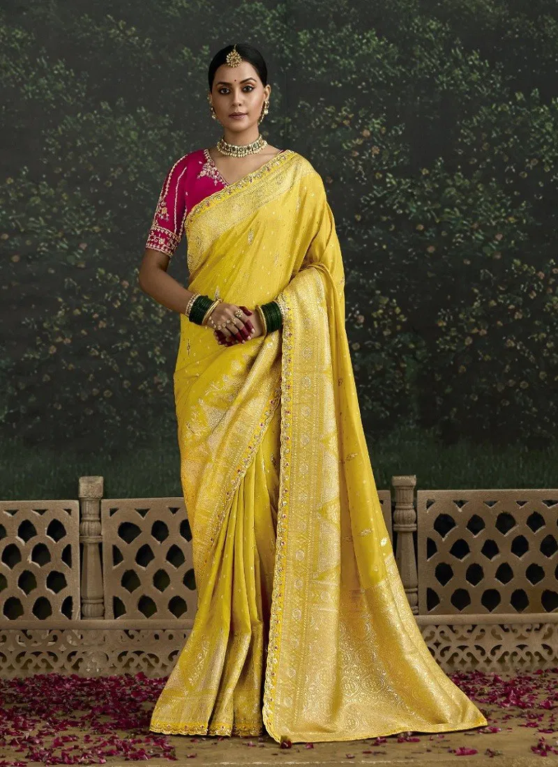 Yellow Colour Baisaa By Kimora Dola Silk Occasion Wear Saree Suppliers In India SA 311