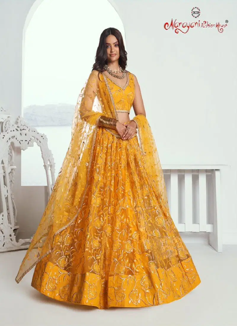 Yellow Colour Chandrakala Vol 1 By Narayani Fashion Wedding Wear Net Lehenga Choli Orders In India 7004