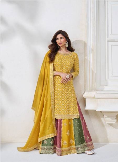 Yellow Colour Colours By Aashirwad Creation Premium Chinon Silk Sharara Readymade Suit Catalog 9701
