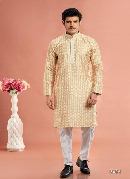 Yellow Colour Function Mens Wear Printed Cotton Stright Kurta Pajama Suppliers In India 3025