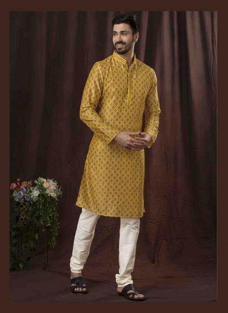 Yellow Colour Function Wear Mens Poly Digital Print Kurta Pajama Wholesale Clothing Distributors In India 1611-8