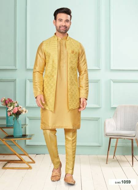 Yellow Colour GS Fashion Wedding Wear Mens Designer Modi Jacket Kurta Pajama Wholesale Online 1059