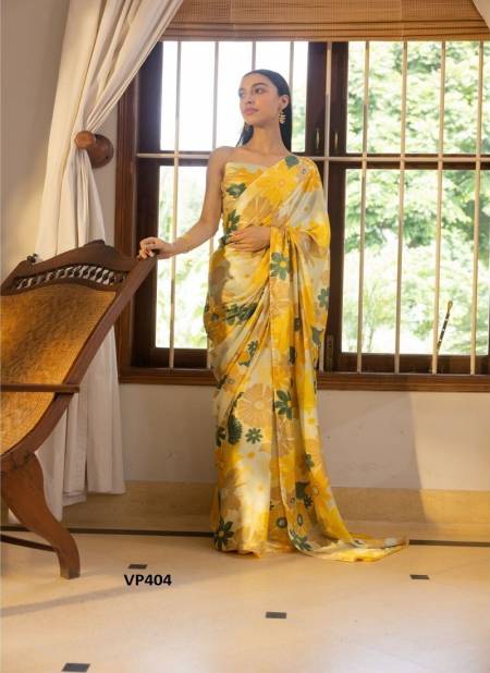 Yellow Colour Gia By Fashion Berry Nylon Japan Satin Floral Printed Saree Exporters In India VP404