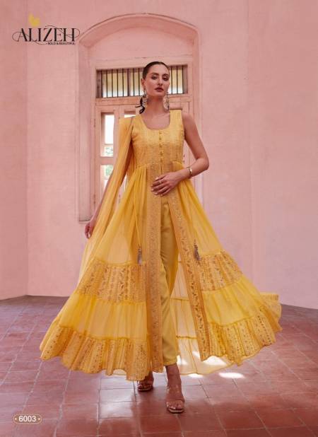 Yellow Colour Gulbahar Vol 4 By Alizeh Desginer Frilled long Gowns Wholesalers In Delhi 6003