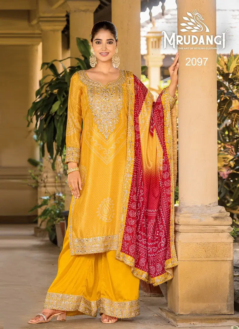 Yellow Colour Ishani By Mrudangi Printed Chinon Readymade Suits Wholesale Online 2097