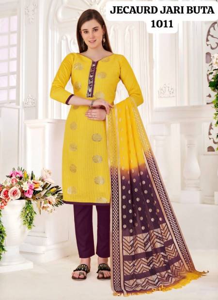 Yellow Colour Jacquard Jari Butta By Rahul Nx Jacquard With Tai Button Dress Material Catalog 1011