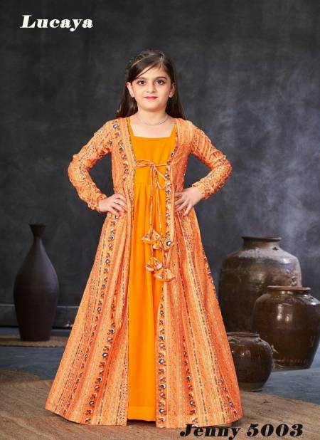 Yellow Colour Jenny Vol 5 By Lucaya 5001 To 5004 Kids Wear Printed Heavy Rayon Girls Gown Wholesale Market In Surat 5003