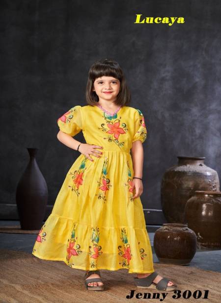 Yellow Colour Jenny vol 3 By Lucaya 3001 To 3006 Kids Printed Girls Frock Wholesale Shop In Surat Jenny 3001
