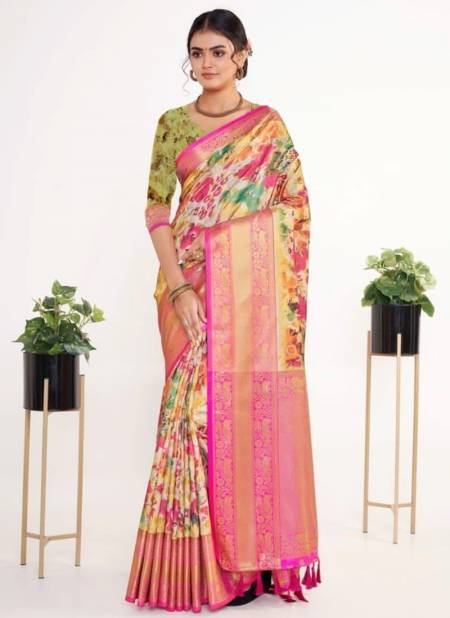 Yellow Colour Kalamkari Pattu Silk Wholesale Printed Saree Catalog 3002