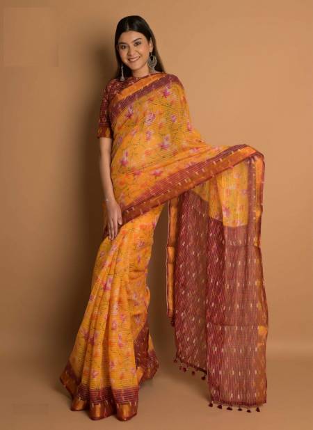 Yellow Colour Katha Cotton By Ashima Printed Saree Catalog 8106