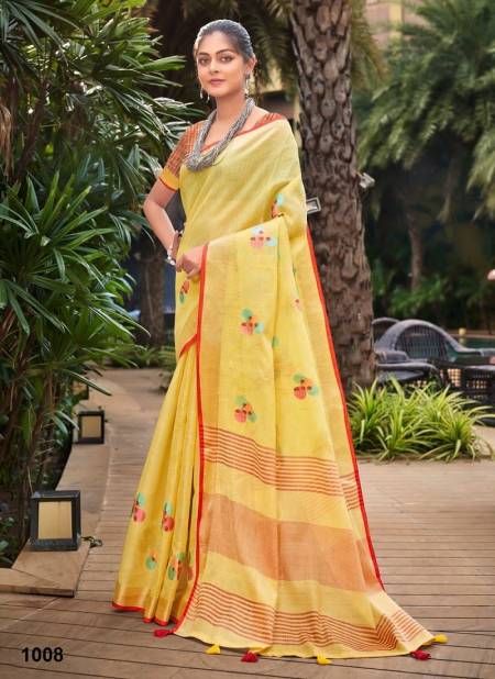 Yellow Colour Linen Fashion By Sangam Linen Designer Saree Catalog 1008