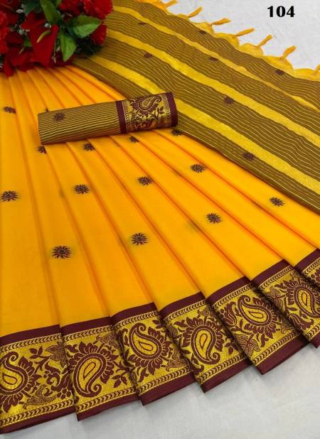 Yellow Colour M AV 101 TO 108 Series Aura cotton Silk Wear Sarees Wholesale Online 104