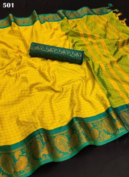 Yellow Colour M AV 501 TO 503 Series Aura Cotton Silk Wear Sarees Suppliers In India 501