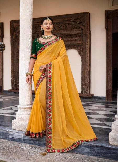 Yellow Colour Mahima By Mahaveera Designer Heavy Border Chiffon Saree Catalog 1002