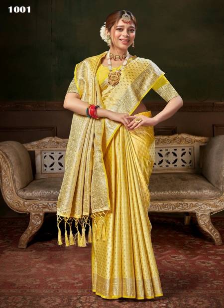 Yellow Colour Manpasand By Sangam Banarasi Silk Designer Saree Catalog 1001