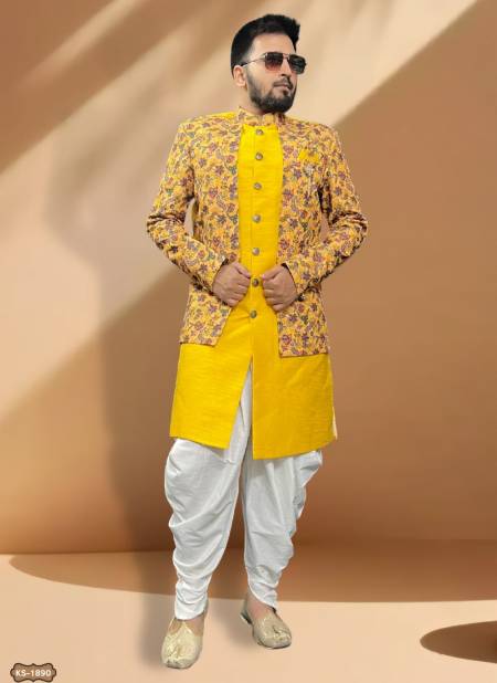 Yellow Colour Mens Wedding Wear Indo Western Catalog 1890