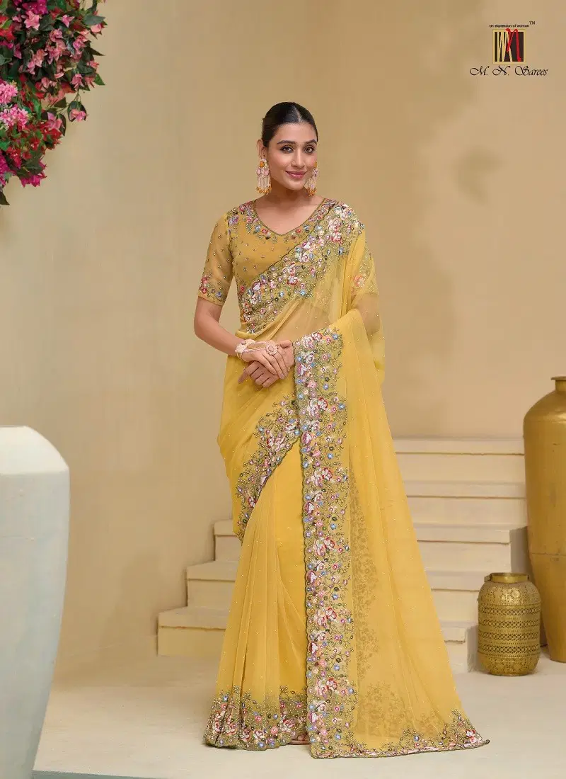 Yellow Colour Mn 7500 Designer Saree Wholesale Clothing Distributors In Mumabi 7502