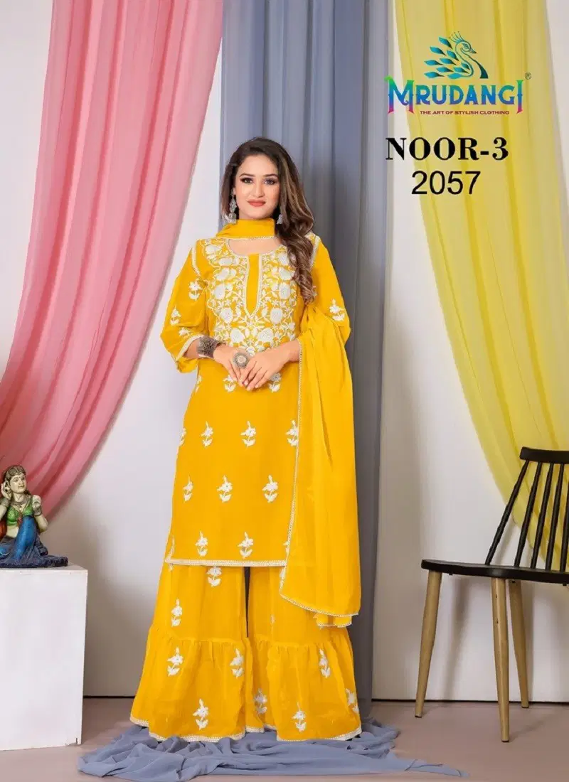 Yellow Colour Noor 3 By Mrudangi Georgette Sharara Suits Exporters In India 2057