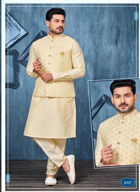 Yellow Colour Occasion Wear Art Banarasi Silk Mens Modi Jacket Kurta Pajama Wholesale Market In Surat 2337