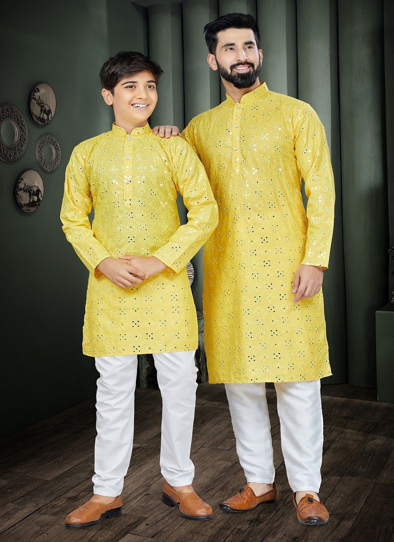 Yellow Colour Outluk Combo 1 Father And Son Kurta Pajama Catalog 801