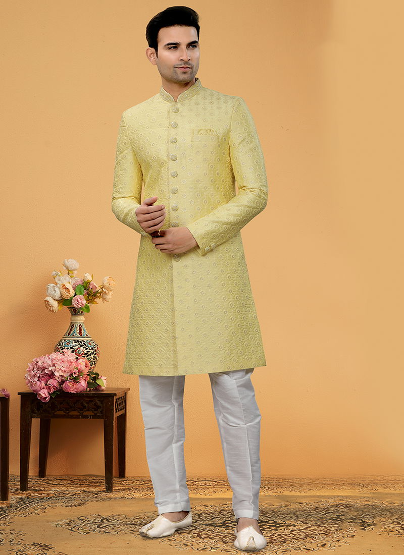 Yellow Colour Outluk Vol 111 Wholesale Mens Indo western Catalog 111002