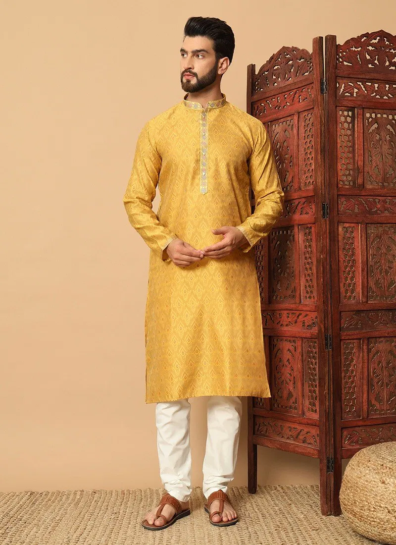 Yellow Colour Outluk Vol 131 Jacquard Pintex Mens Wholesale Kurta Pajama Manufacturers 131002