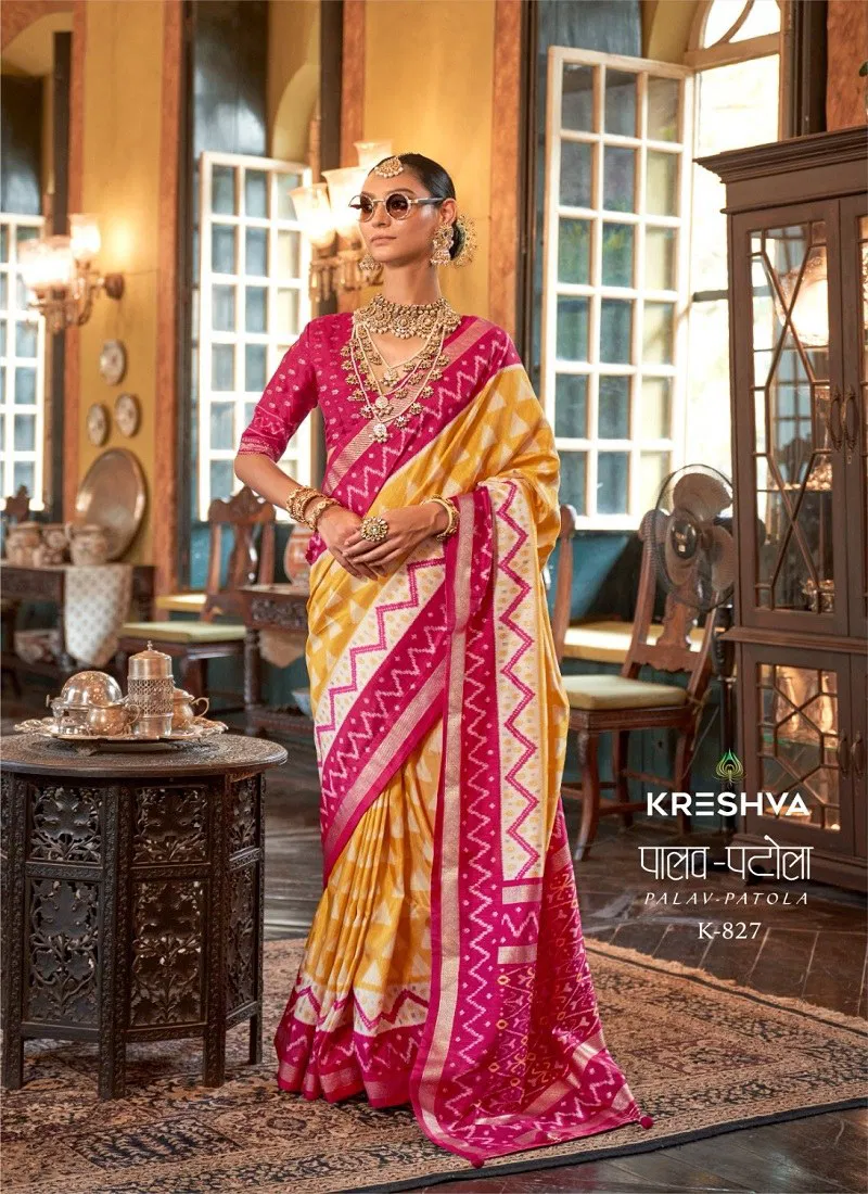 Yellow Colour Palav Patola By Kreshva Pv Silk Designer Saree Suppliers In India K 827