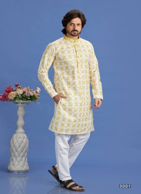 Yellow Colour Party Mens Wear Pintux Stright Kurta Pajama Wholesale Online 3001