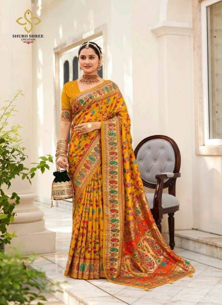 Yellow Colour Pashmina By Shubh Shree Velvet Tussar Silk Designer Saree Catalog 1003