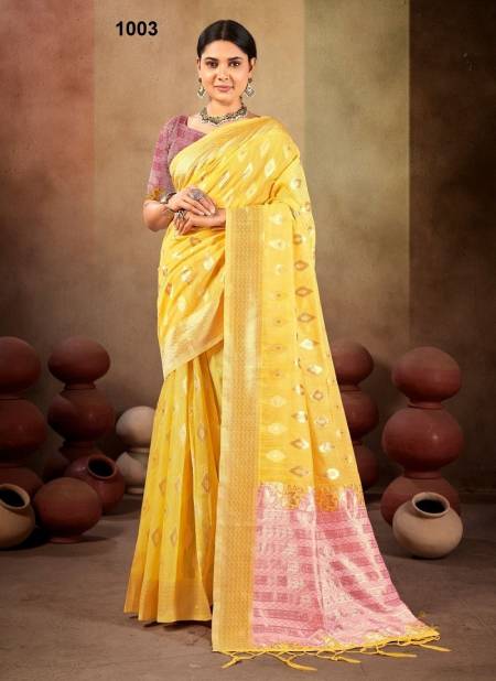 Yellow Colour Pasmina Cotton By Bunawat Linen Saree Wholesale Online 1003
