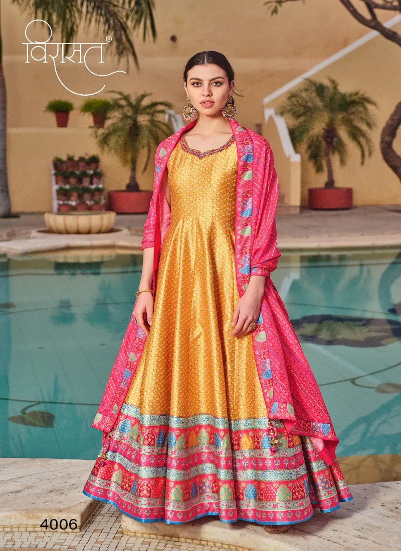 Yellow Colour Peshwani By Virasat Cherry Silk Printed Wedding Wear Gown With Dupatta Suppliers In India 4006